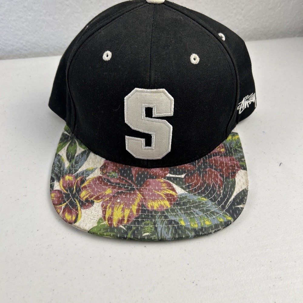Stussy Black Snapback Hat with Floral Brim